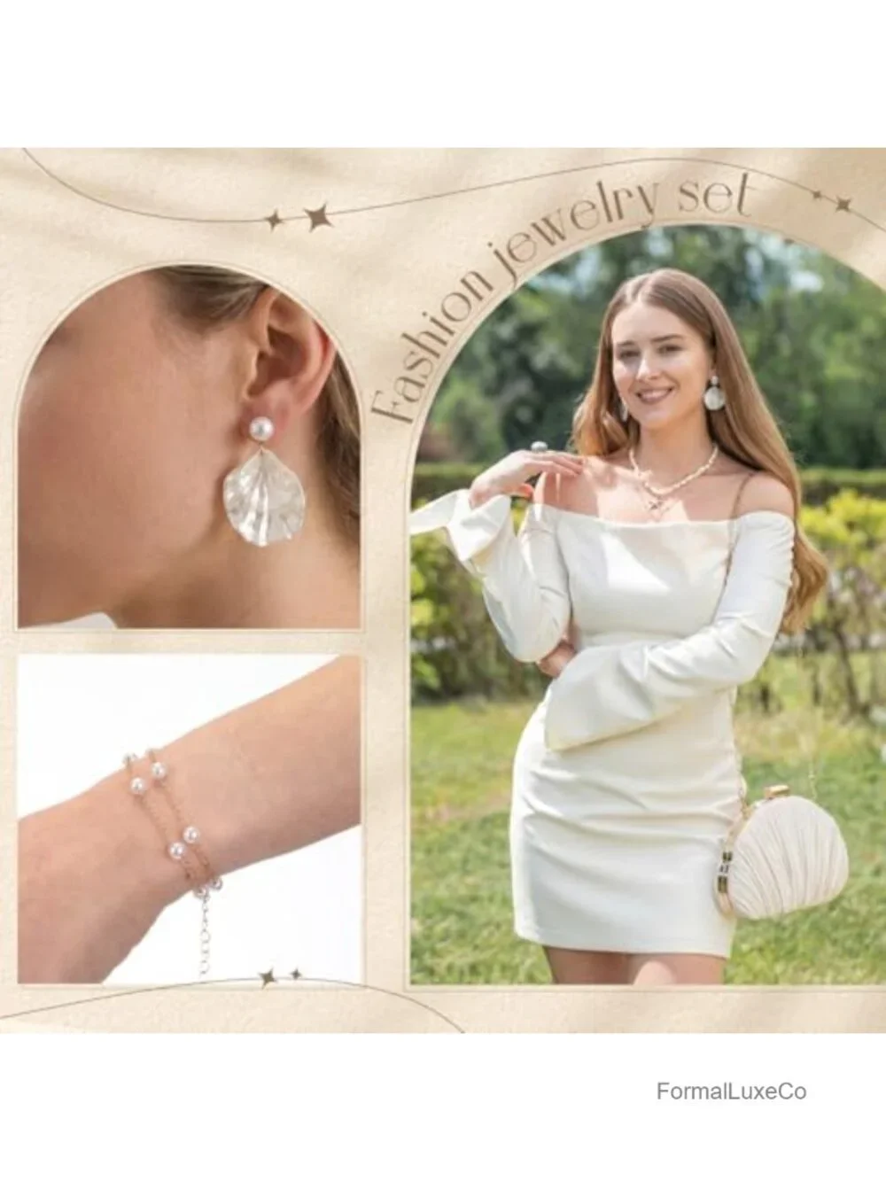 Women's Seashell Clutch Purse Set with Pearl Jewelry Set 4-Piece